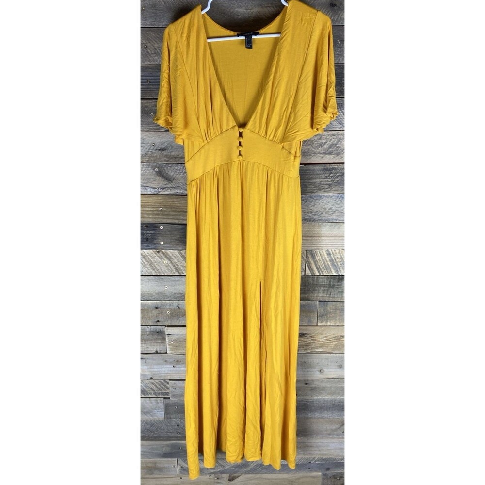 Forever 21 Women Sz L Yellow Stretchy V-Neck 1/4 Button Down Slitted Front Dress